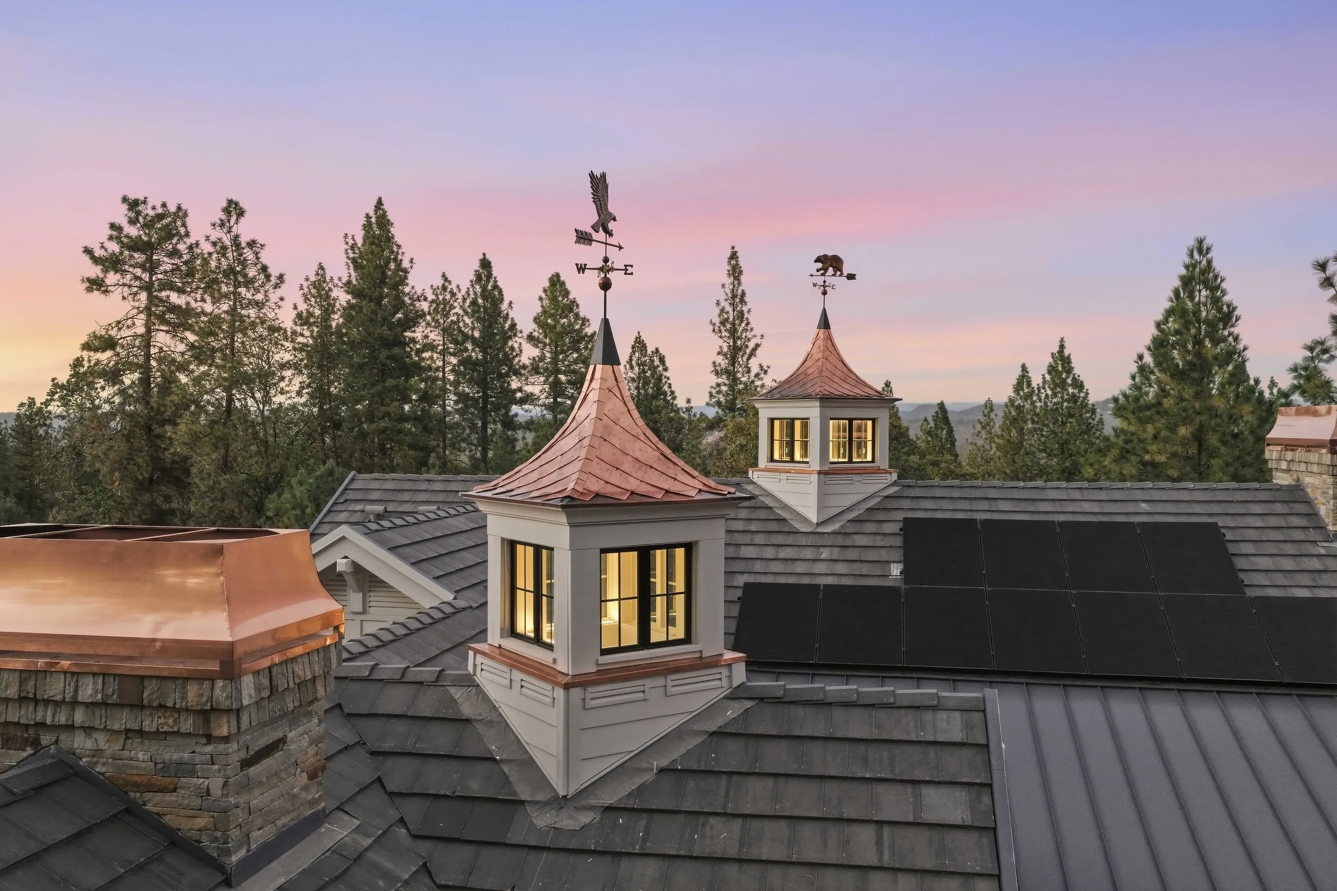 Twin copper-roofed cupolas with weathervanes against a sunset sky
