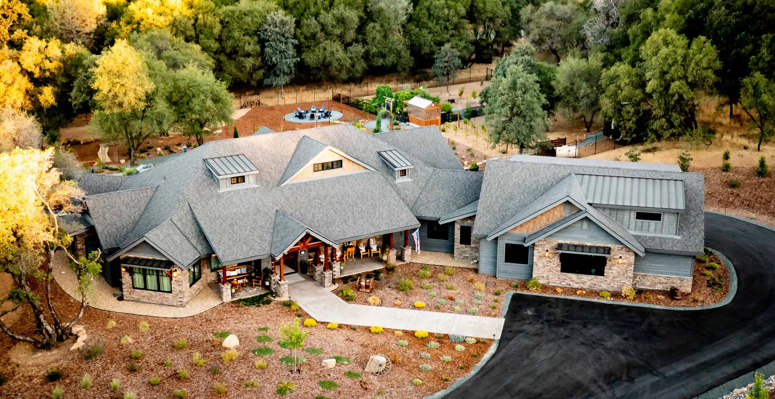Overhead view of a Sherman estate showing the garden, fire pit area, and drought-tolerant landscaping in Christian Valley