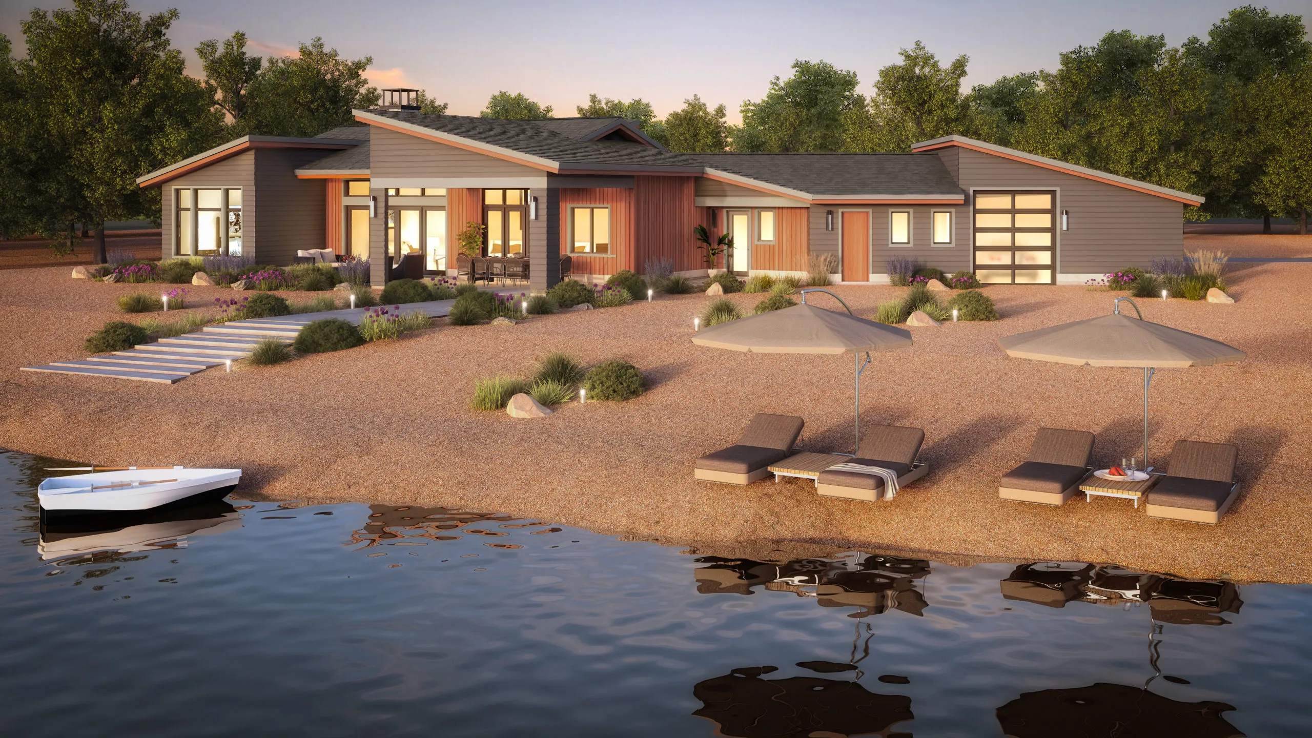 Architectural rendering of the lakeside retreat concept with chaise lounges, umbrellas, and a rowboat ashore