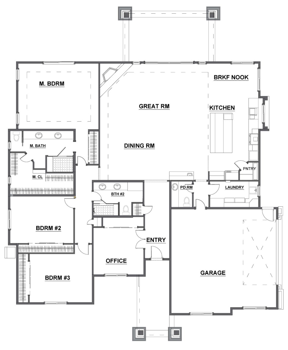 Floor plan showing great room, kitchen, three bedrooms, office, and attached garage