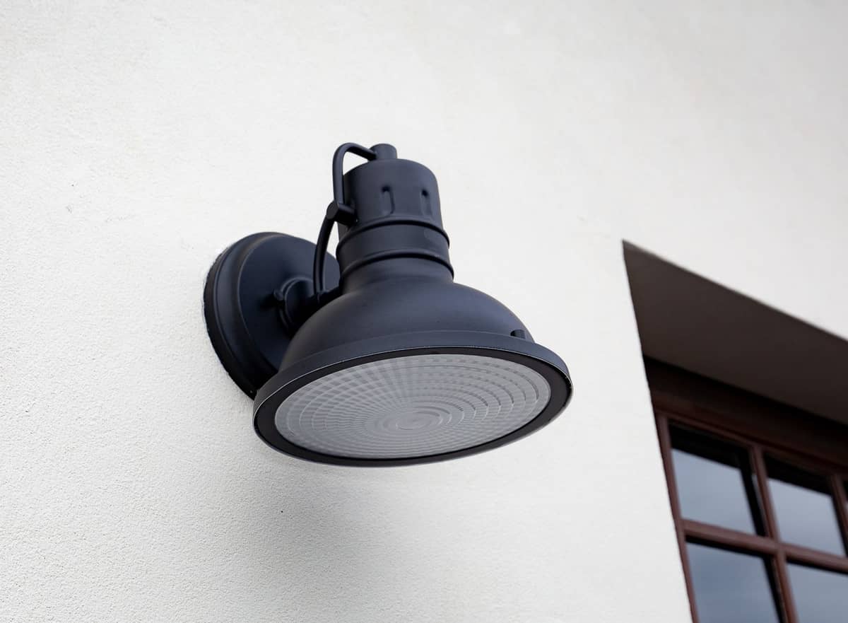 Black barn-style exterior light fixture mounted on a white stucco wall near a window